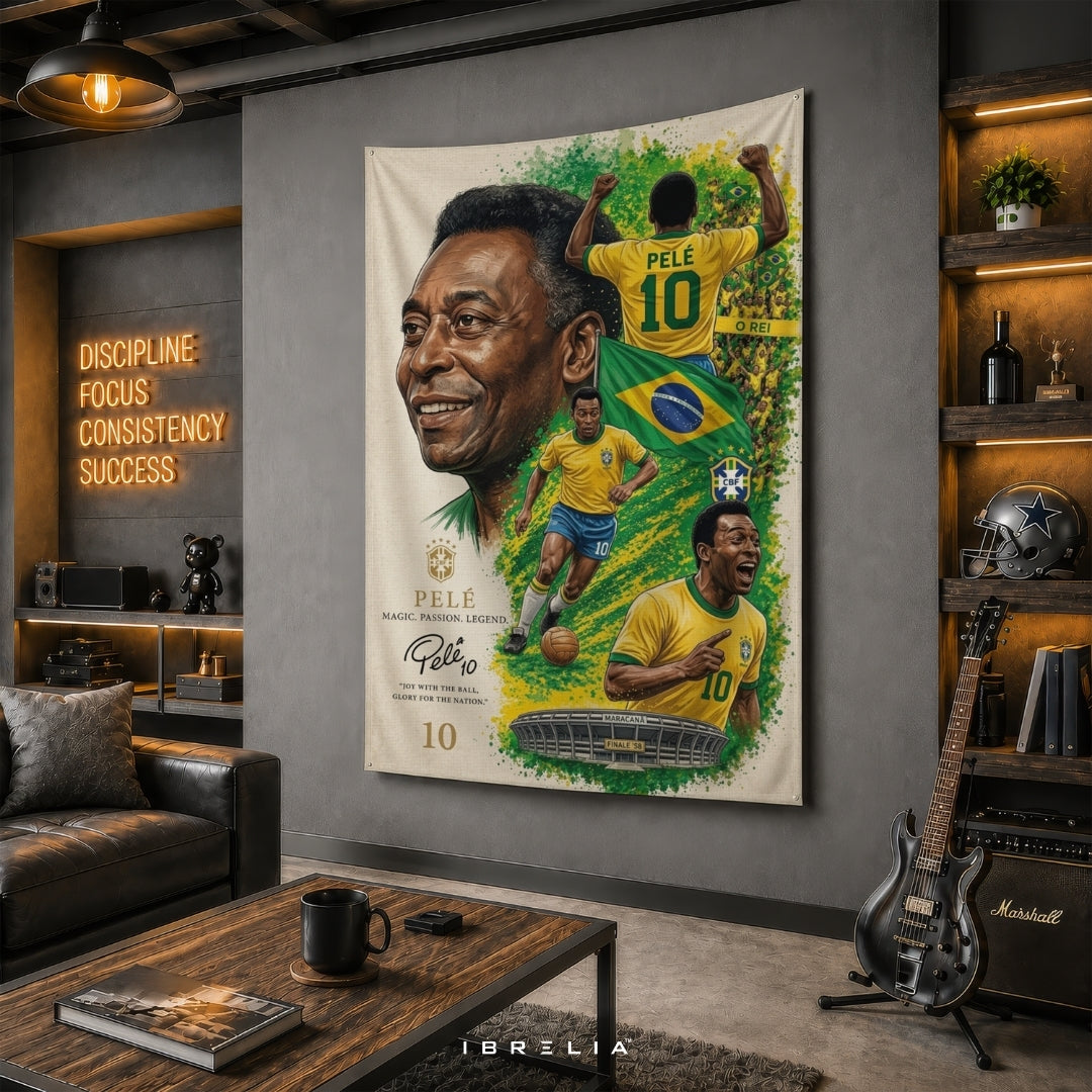 Pelé Brazil Football Legend Premium Jute Fabric Tapestry | Football Wall Hanging | IBRELIA™