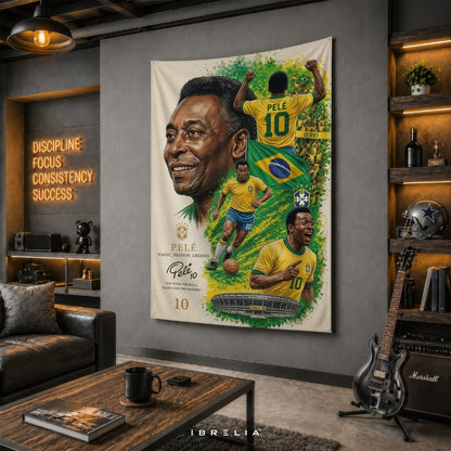 Pelé Brazil Football Legend Premium Jute Fabric Tapestry | Football Wall Hanging | IBRELIA™