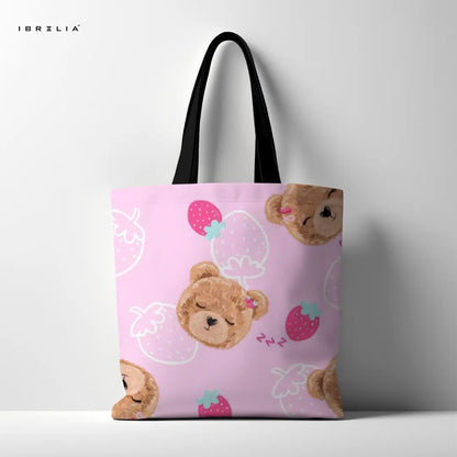 Sleepy Bear & Strawberry Tote Bag – Cute Pink Jute Tote with Velvet Handles | IBRELIA™ IBRELIA