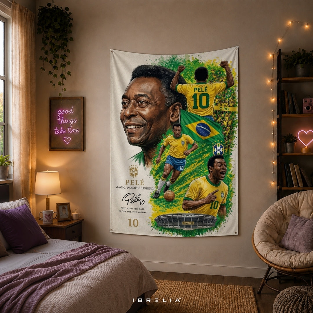Pelé Brazil Football Legend Premium Jute Fabric Tapestry | Football Wall Hanging | IBRELIA™