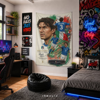 Paolo Maldini Italy Football Legend Premium Jute Fabric Tapestry | Football Wall Hanging | IBRELIA™