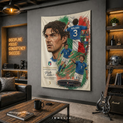 Paolo Maldini Italy Football Legend Premium Jute Fabric Tapestry | Football Wall Hanging | IBRELIA™