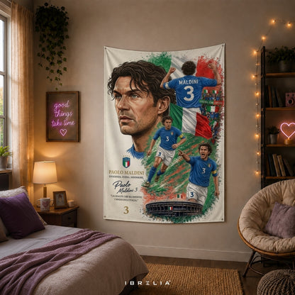 Paolo Maldini Italy Football Legend Premium Jute Fabric Tapestry | Football Wall Hanging | IBRELIA™