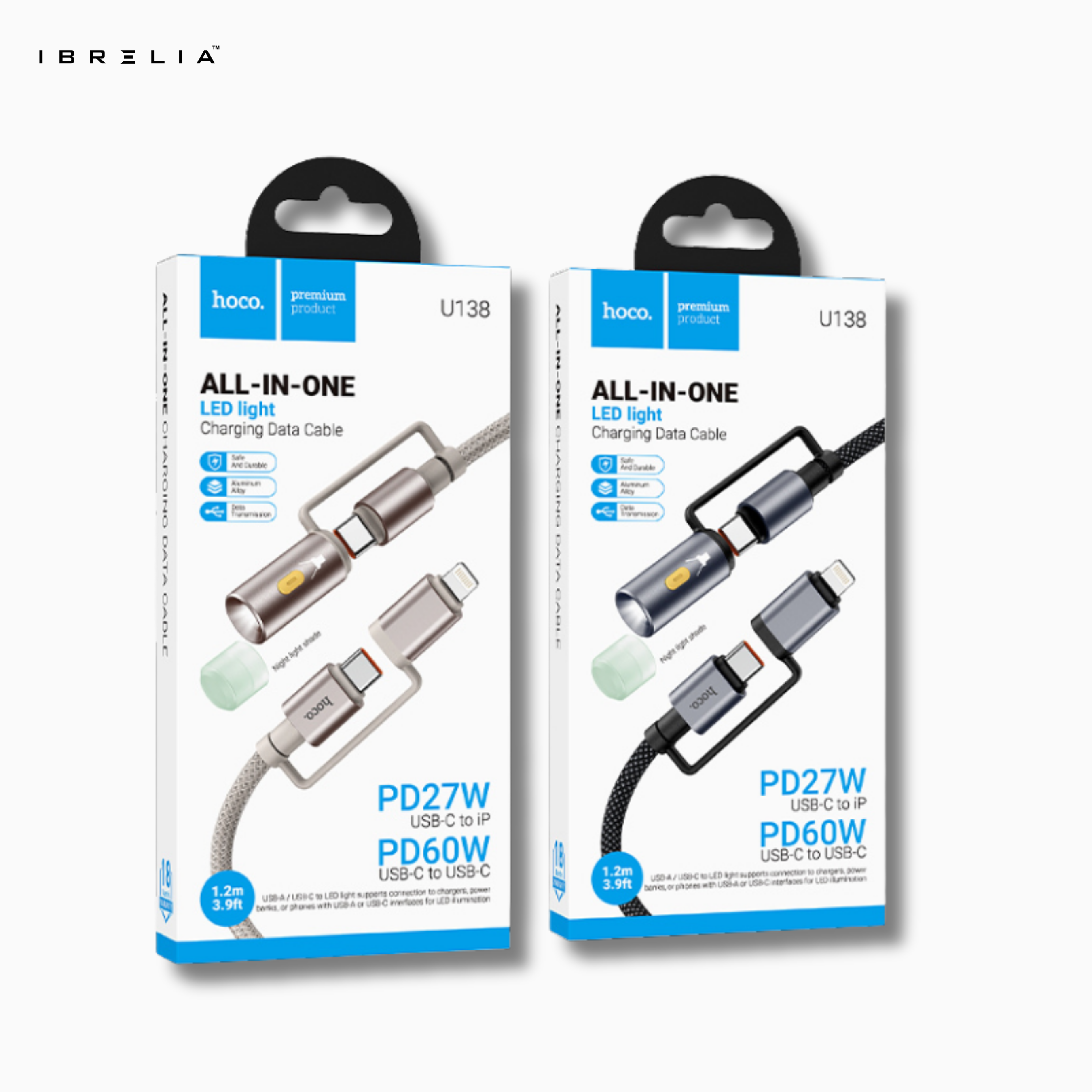 HOCO U138 All-in-One LED Light 2-in-1 Fast Charging Cable (USB-C to iP + USB-C) | IBRELIA™