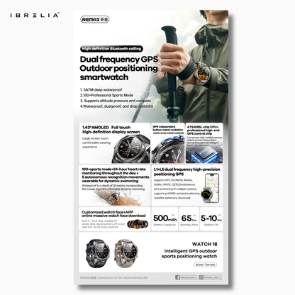 REMAX Intelligent GPS Outdoor Sports Positioning Watch WATCH18 | 5ATM Waterproof | Dual-Frequency GPS | IBRELIA™