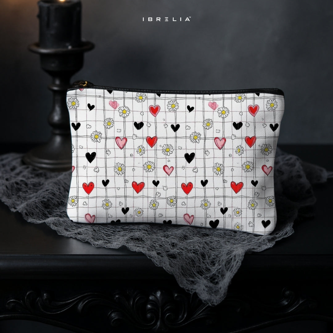 Heart & Daisy Grid Makeup & Pencil Pouch – Cute Minimal Aesthetic Organizer – IBRELIA™