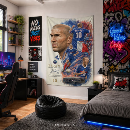 Zinedine Zidane France Football Legend Premium Jute Fabric Tapestry | Football Wall Hanging | IBRELIA™