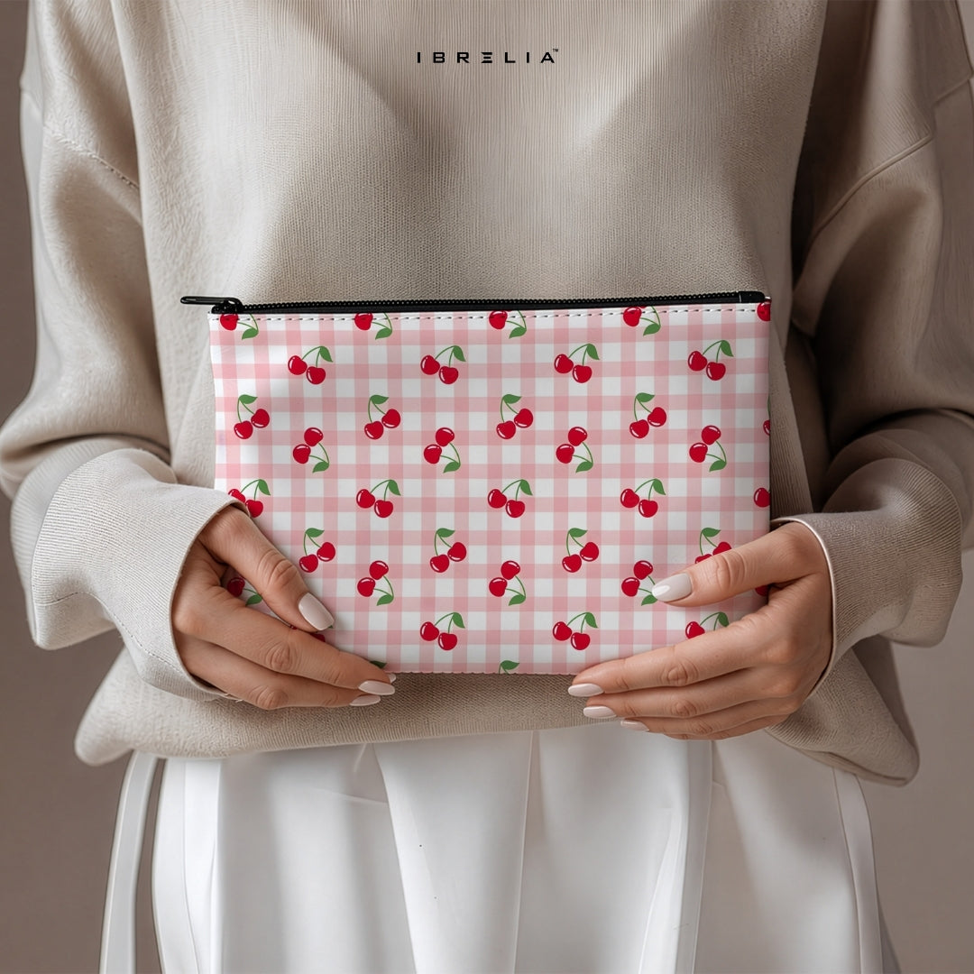 Cherry Gingham Makeup & Pencil Pouch – Cute Kawaii Aesthetic Organizer – IBRELIA™
