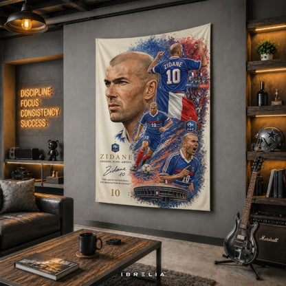 Zinedine Zidane France Football Legend Premium Jute Fabric Tapestry | Football Wall Hanging | IBRELIA™