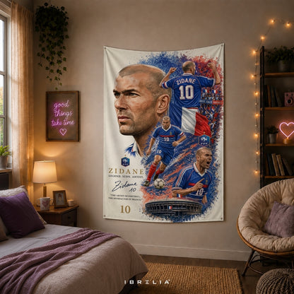 Zinedine Zidane France Football Legend Premium Jute Fabric Tapestry | Football Wall Hanging | IBRELIA™