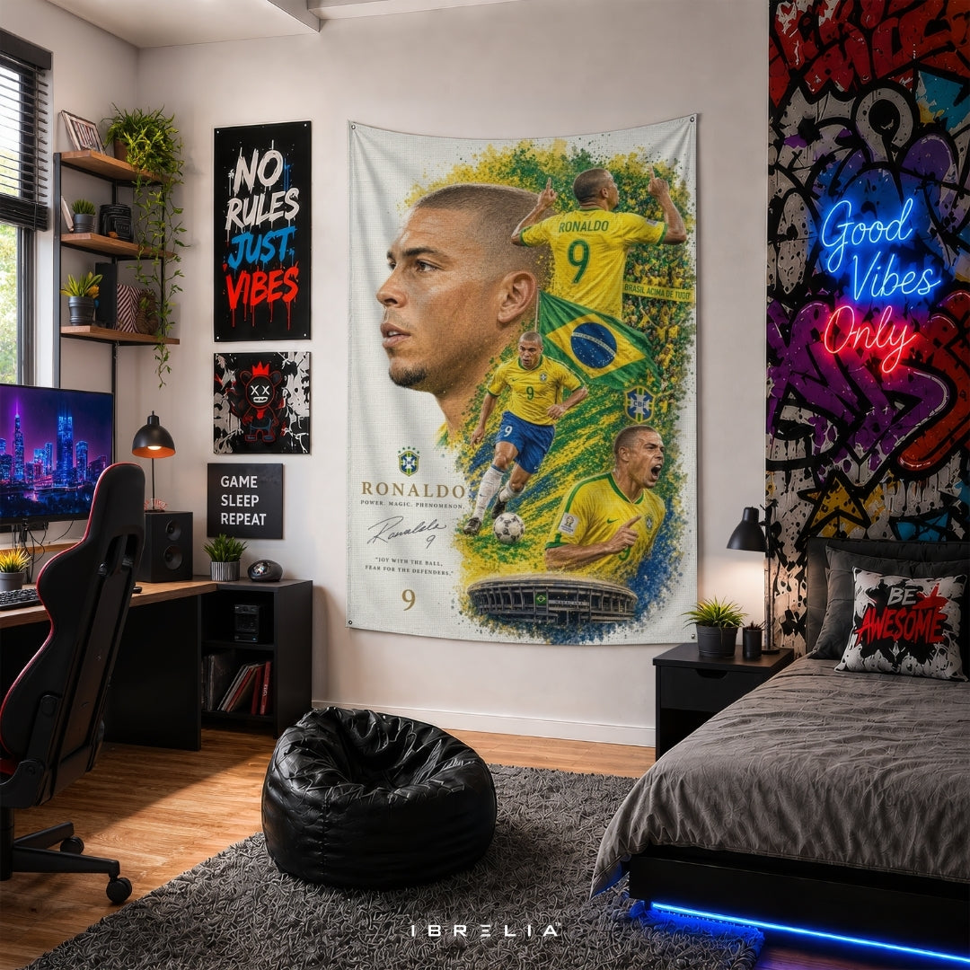 Ronaldo Nazário Brazil Football Legend Premium Jute Fabric Tapestry | Football Wall Hanging | IBRELIA™