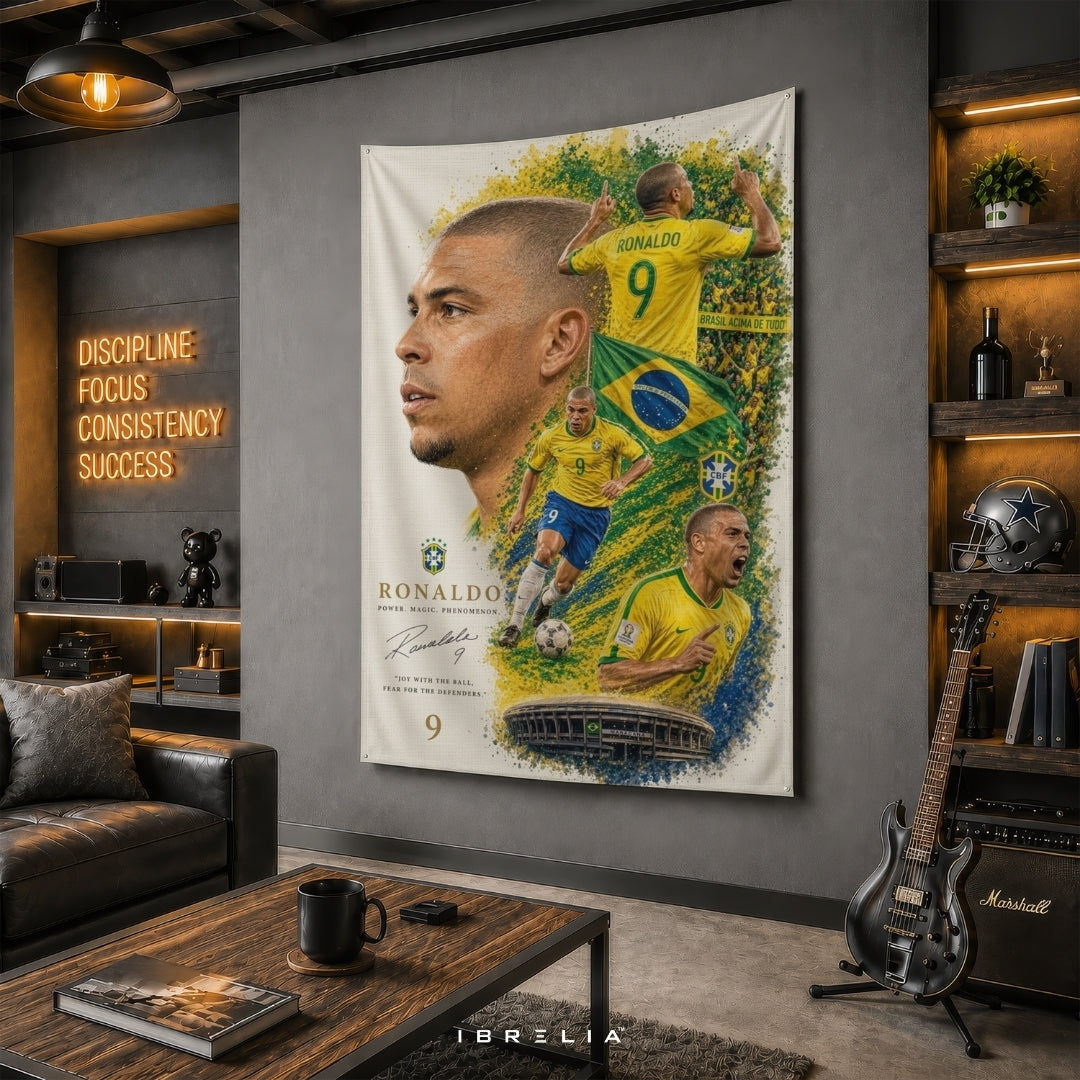 Ronaldo Nazário Brazil Football Legend Premium Jute Fabric Tapestry | Football Wall Hanging | IBRELIA™