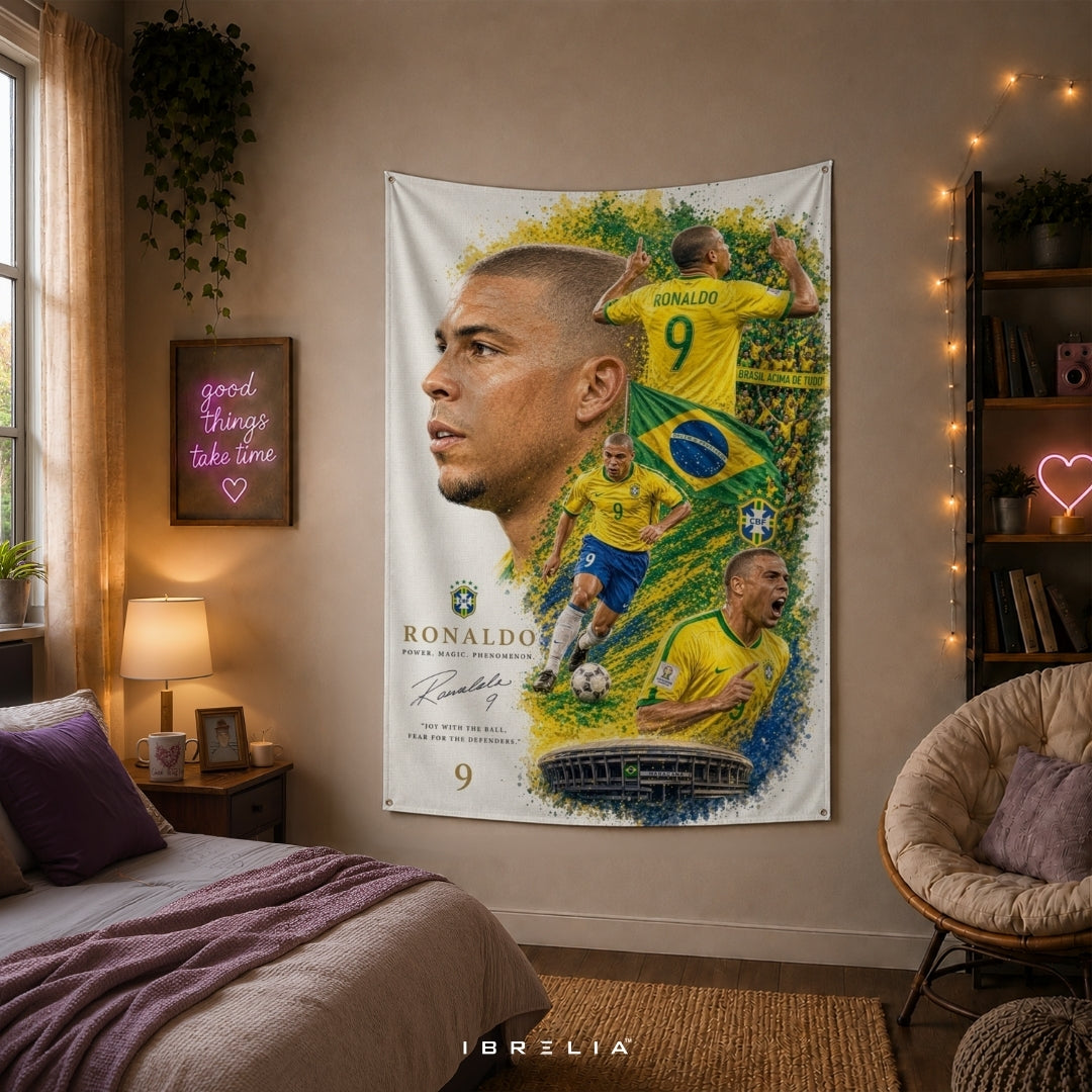 Ronaldo Nazário Brazil Football Legend Premium Jute Fabric Tapestry | Football Wall Hanging | IBRELIA™