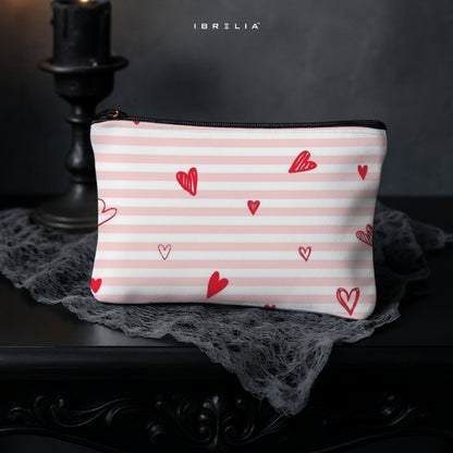 Pink Stripe Hearts Makeup & Pencil Pouch – Cute Romantic Aesthetic Organizer – IBRELIA™