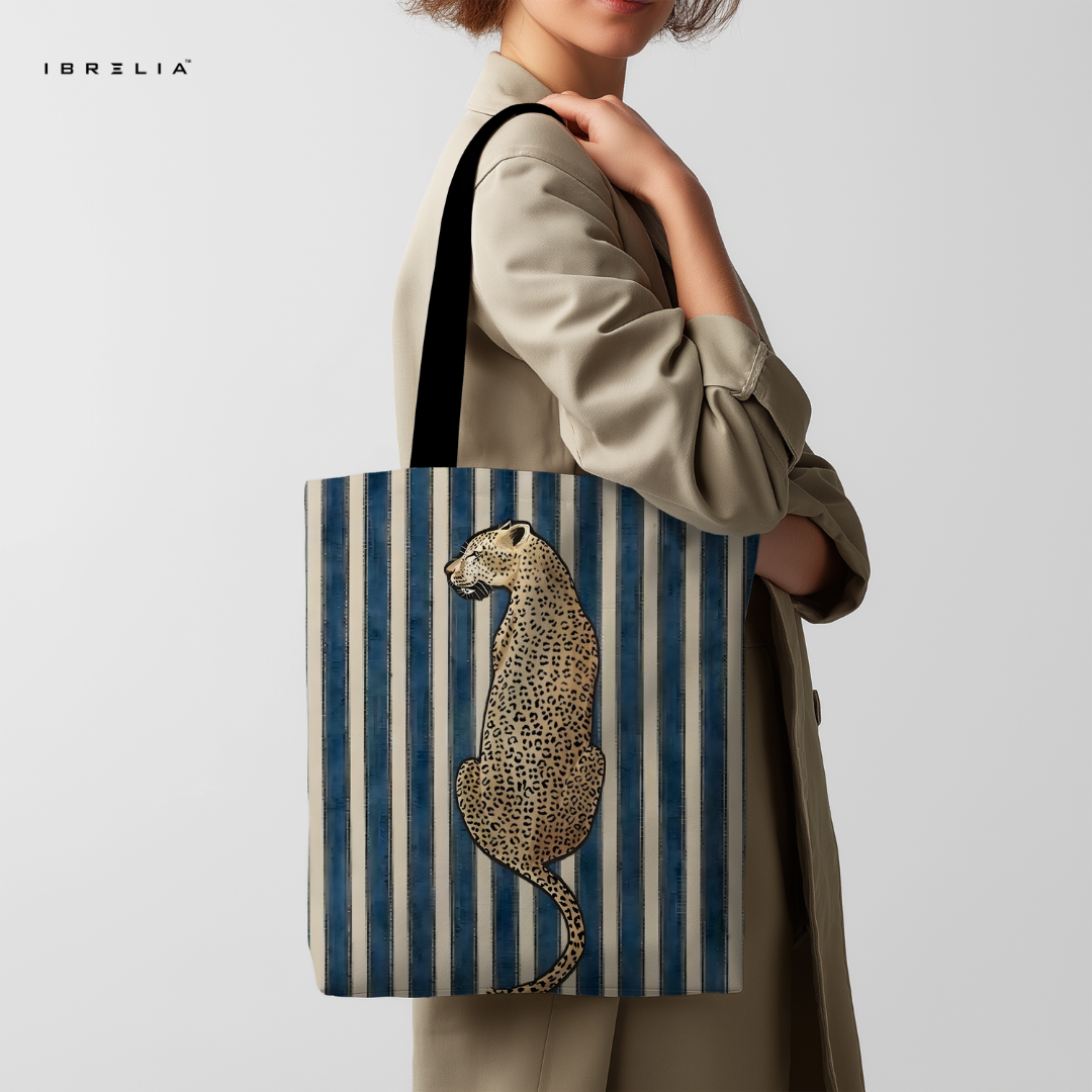 IBRELIA™ Leopard Stripe Premium Jute Tote Bag with Velvet Handles, Satin Lining & Inner Zip Pocket IBRELIA