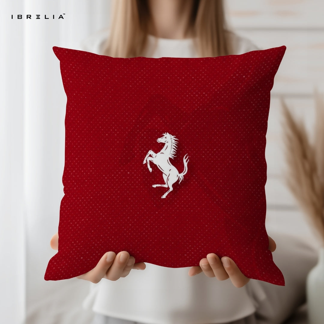 Red Horse Emblem Cushion – 15x15 Inch Decorative Pillow | Minimal Luxury Cushion | Double-Sided Print | Premium Fibre Filling | IBRELIA™