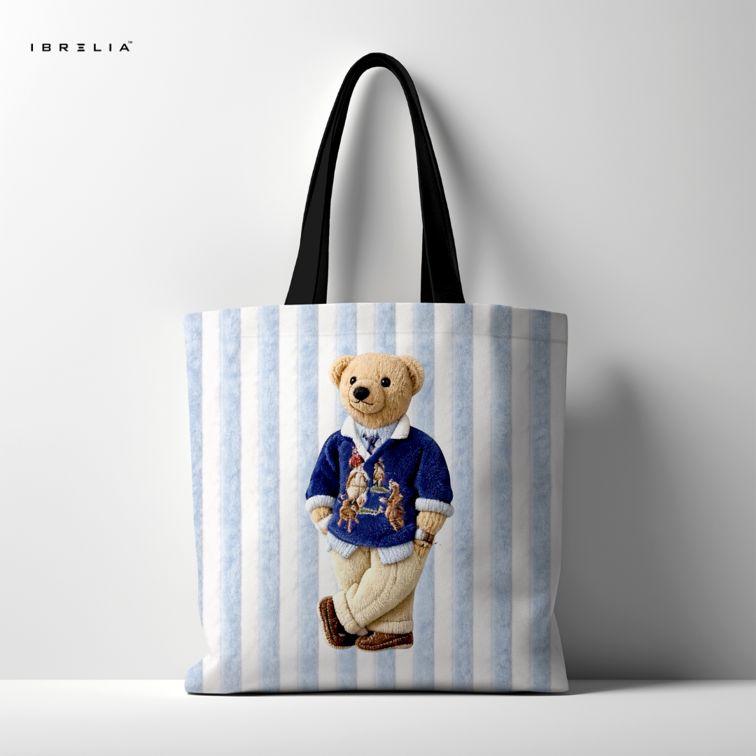 IBRELIA™ Teddy Stripe Premium Jute Tote Bag with Velvet Handles, Satin Lining & Inner Zip Pocket IBRELIA