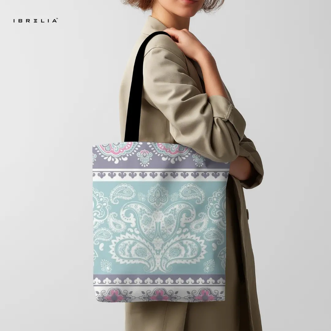 Mint Paisley Tote Bag – Ornate Heritage Jute Tote with Velvet Handles | IBRELIA™ IBRELIA