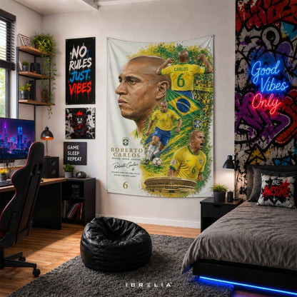 Roberto Carlos Brazil Football Legend Premium Jute Fabric Tapestry | Football Wall Hanging | IBRELIA™