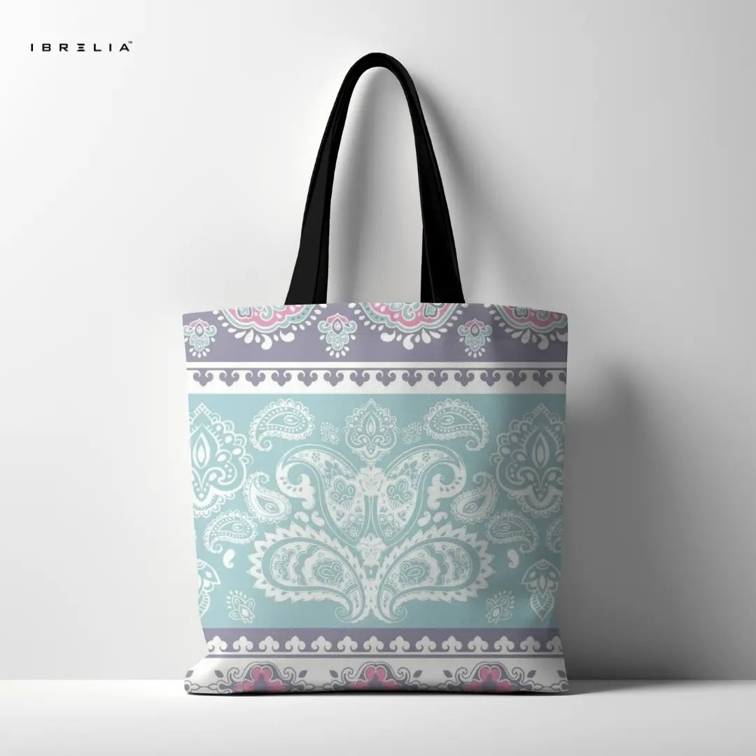 Mint Paisley Tote Bag – Ornate Heritage Jute Tote with Velvet Handles | IBRELIA™ IBRELIA