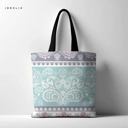 Mint Paisley Tote Bag – Ornate Heritage Jute Tote with Velvet Handles | IBRELIA™ IBRELIA