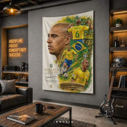 Roberto Carlos Brazil Football Legend Premium Jute Fabric Tapestry | Football Wall Hanging | IBRELIA™