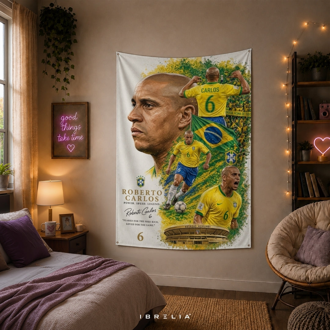 Roberto Carlos Brazil Football Legend Premium Jute Fabric Tapestry | Football Wall Hanging | IBRELIA™