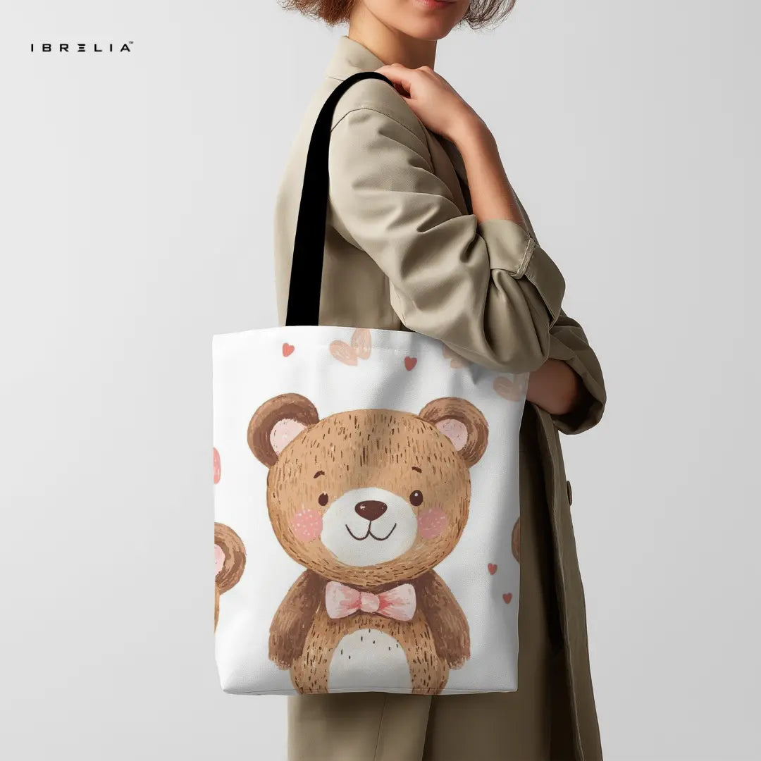 Teddy Bear Tote Bag – Cute Bow & Hearts Jute Tote with Velvet Handles | IBRELIA™</p> IBRELIA