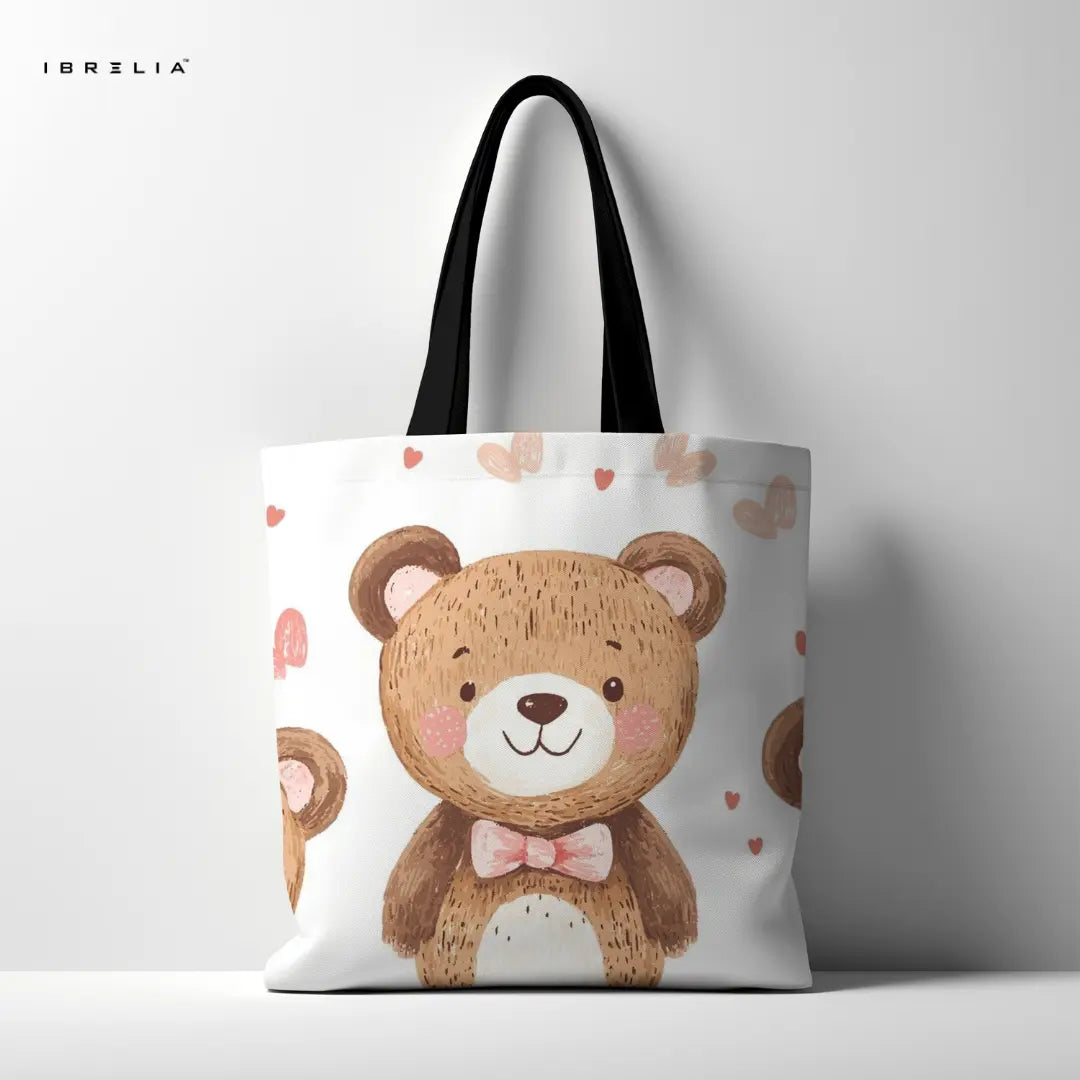 Teddy Bear Tote Bag – Cute Bow & Hearts Jute Tote with Velvet Handles | IBRELIA™</p> IBRELIA