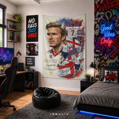 David Beckham England Football Legend Premium Jute Fabric Tapestry | Football Wall Hanging | IBRELIA™