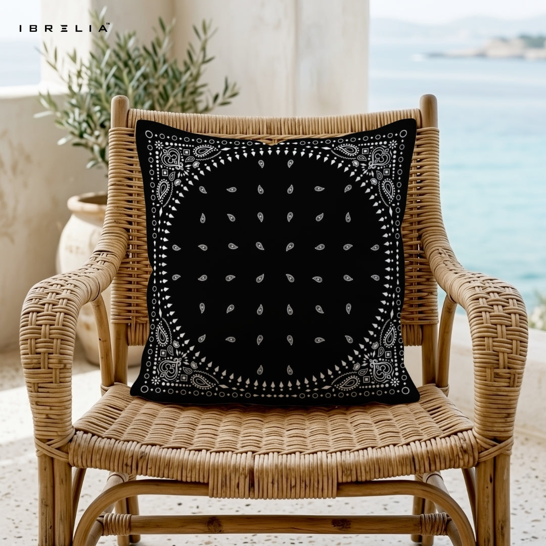 Black Classic Bandana Cushion | Premium Jute Fabric | Double-Sided Print | IBRELIA™ IBRELIA