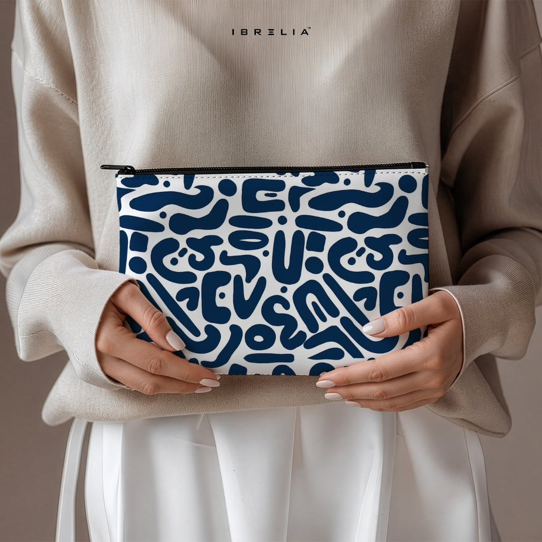 Navy Blue Abstract Pattern Makeup & Pencil Pouch – Modern Minimal Organizer – IBRELIA™