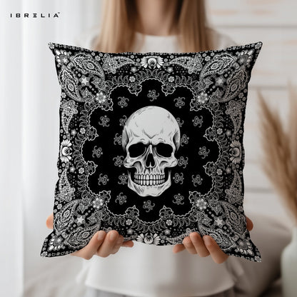 Skull Bandana Cushion | Black Gothic Design | Premium Jute Fabric | Double-Sided Print | IBRELIA™ IBRELIA