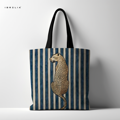 IBRELIA™ Leopard Stripe Premium Jute Tote Bag with Velvet Handles, Satin Lining & Inner Zip Pocket IBRELIA