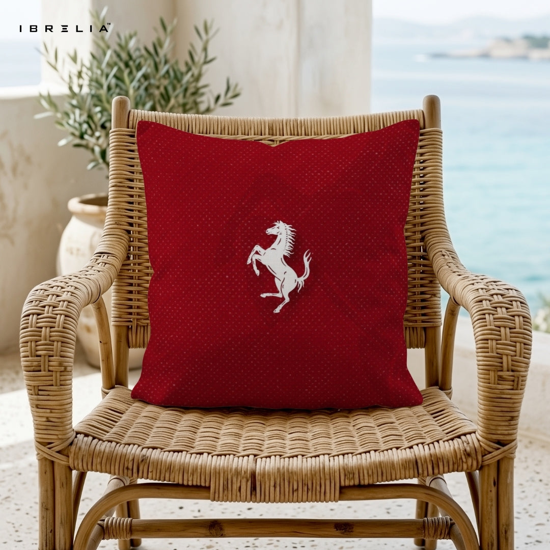 Red Horse Emblem Cushion – 15x15 Inch Decorative Pillow | Minimal Luxury Cushion | Double-Sided Print | Premium Fibre Filling | IBRELIA™