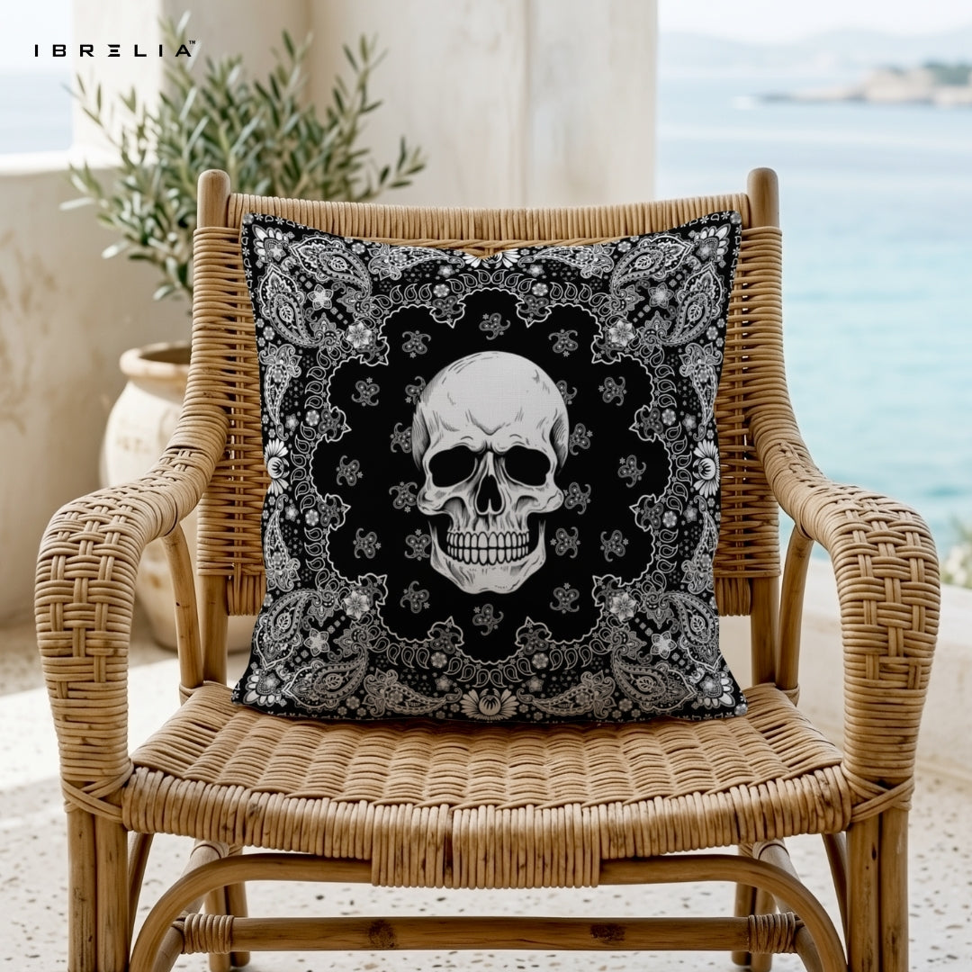 Skull Bandana Cushion | Black Gothic Design | Premium Jute Fabric | Double-Sided Print | IBRELIA™ IBRELIA