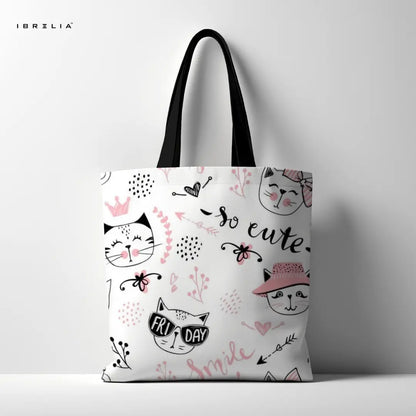 So Cute Cat Tote Bag – Playful Kitty Doodle Jute Tote with Velvet Handles | IBRELIA™ IBRELIA