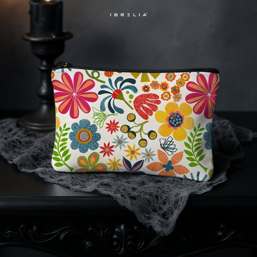 Retro Floral Garden Makeup & Pencil Pouch – Colorful Boho Aesthetic Organizer – IBRELIA™