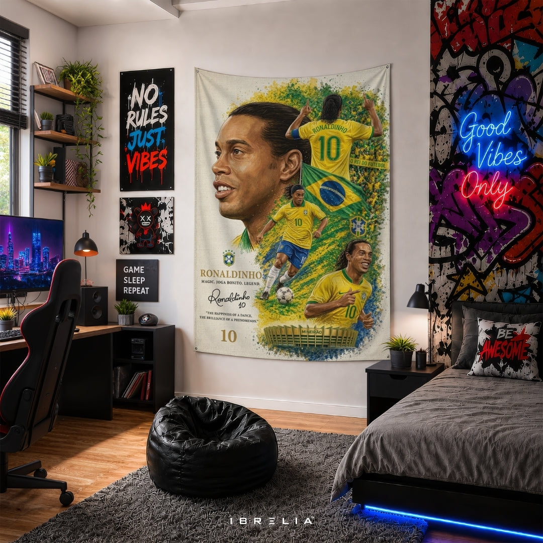 Ronaldinho Brazil Football Legend Premium Jute Fabric Tapestry | Football Wall Hanging | IBRELIA™