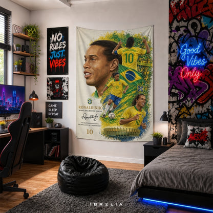 Ronaldinho Brazil Football Legend Premium Jute Fabric Tapestry | Football Wall Hanging | IBRELIA™