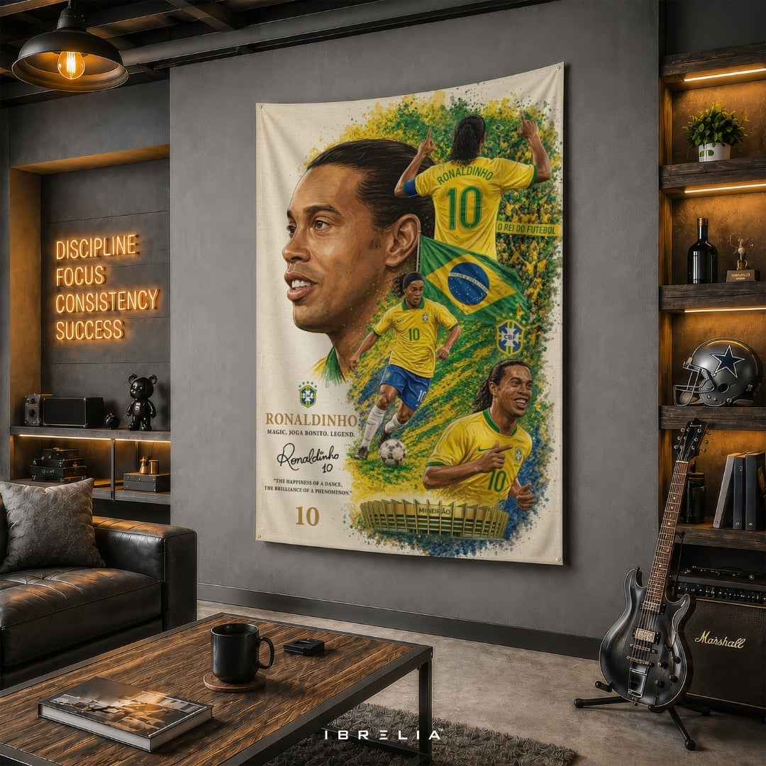 Ronaldinho Brazil Football Legend Premium Jute Fabric Tapestry | Football Wall Hanging | IBRELIA™