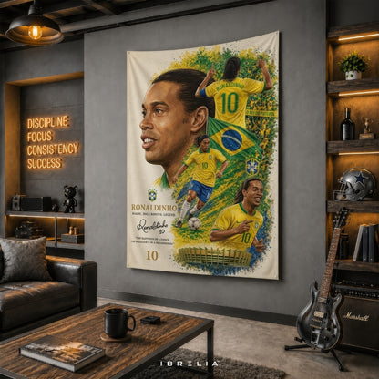 Ronaldinho Brazil Football Legend Premium Jute Fabric Tapestry | Football Wall Hanging | IBRELIA™