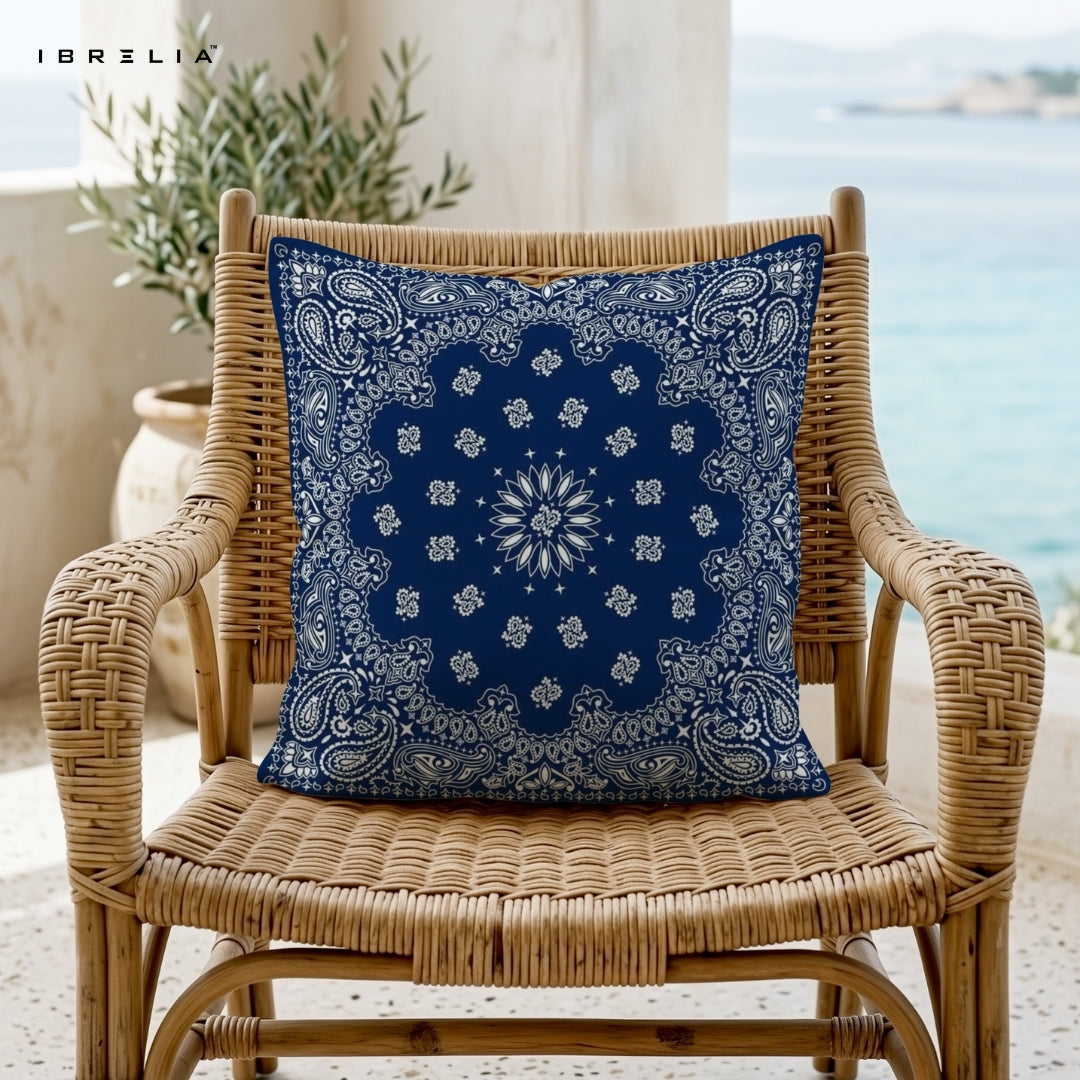 Blue Bandana Cushion | Paisley Pattern | Premium Jute Fabric | Double-Sided Print | IBRELIA™ IBRELIA