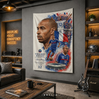 Thierry Henry France Football Legend Premium Jute Fabric Tapestry | Football Wall Hanging | IBRELIA™