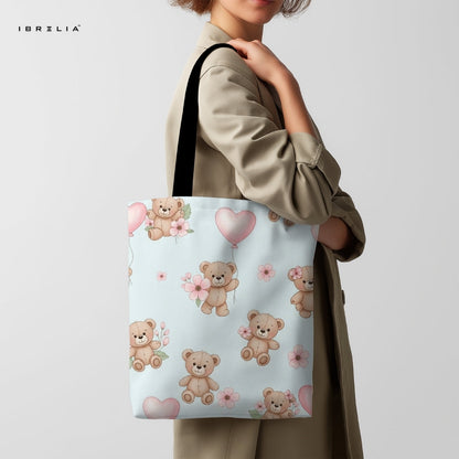 IBRELIA™ Teddy Hearts Tote Bag – Pastel Blue Premium Jute Tote with Velvet Handles & Satin Inner Lining IBRELIA