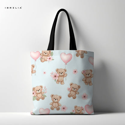 IBRELIA™ Teddy Hearts Tote Bag – Pastel Blue Premium Jute Tote with Velvet Handles & Satin Inner Lining IBRELIA