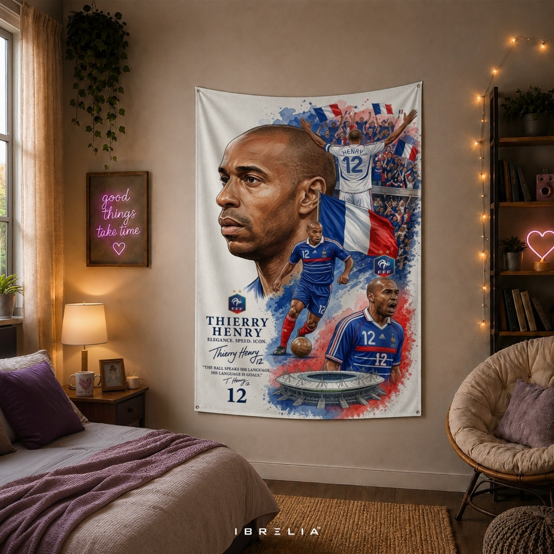 Thierry Henry France Football Legend Premium Jute Fabric Tapestry | Football Wall Hanging | IBRELIA™