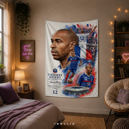 Thierry Henry France Football Legend Premium Jute Fabric Tapestry | Football Wall Hanging | IBRELIA™