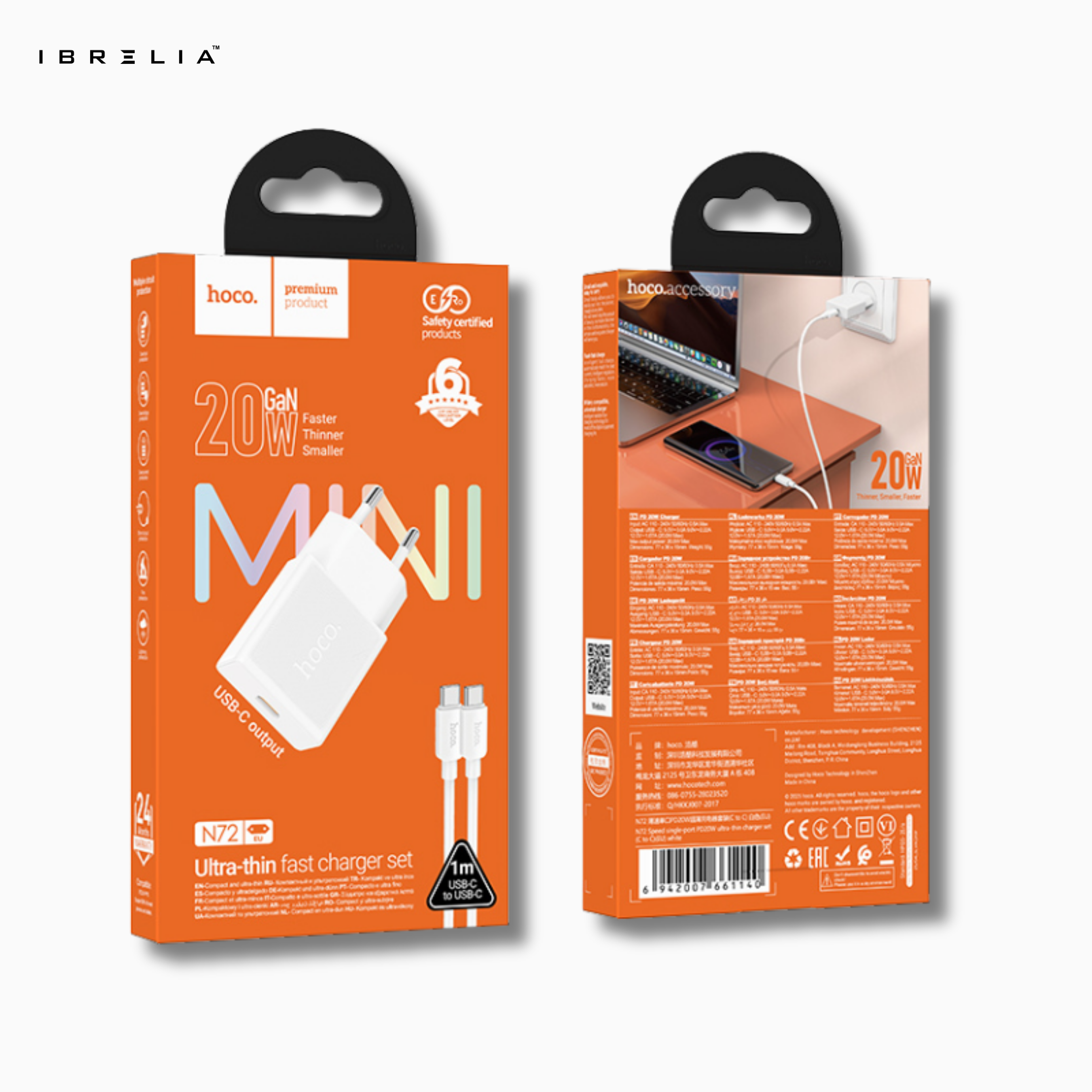 HOCO N72 Speed 20W Ultra-Thin GaN Fast Charger Set (USB-C to USB-C, 60W Cable Included) | IBRELIA™