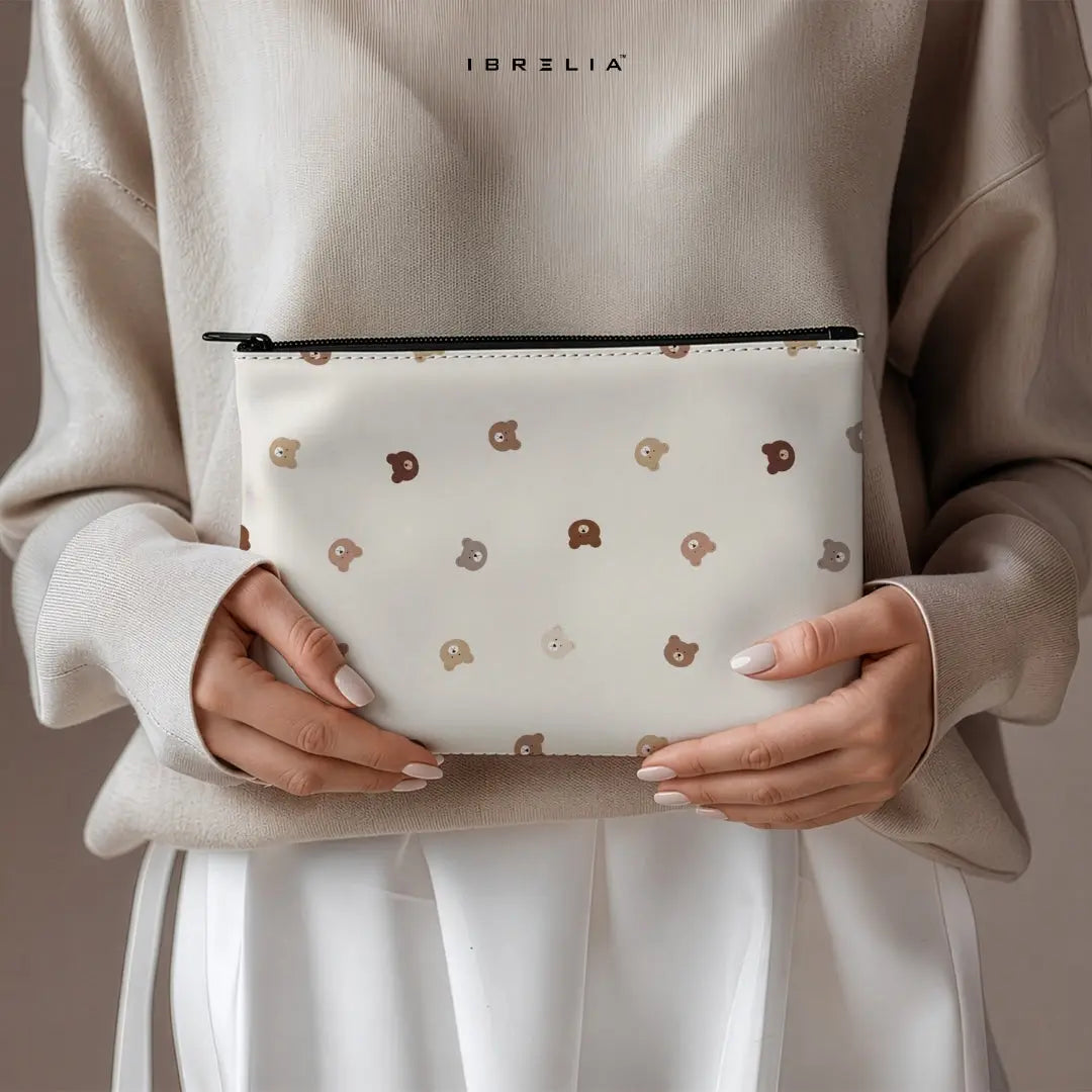 Minimal Teddy Dots Makeup & Pencil Pouch – Double-Sided Print – IBRELIA™